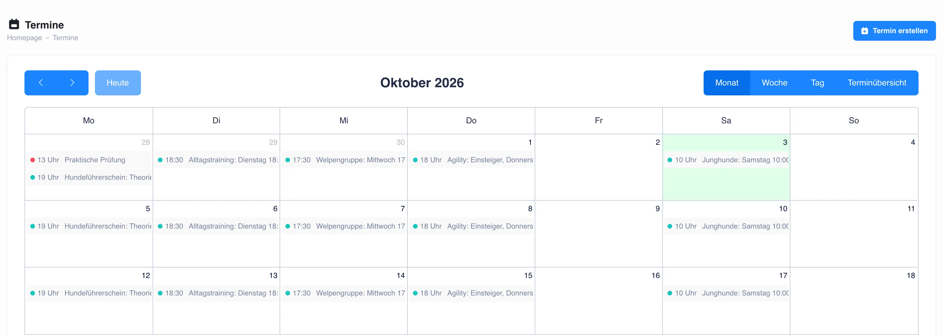 Kalender Oktober 2026 mit wöchentlichen Kursterminen (Beispieldaten)